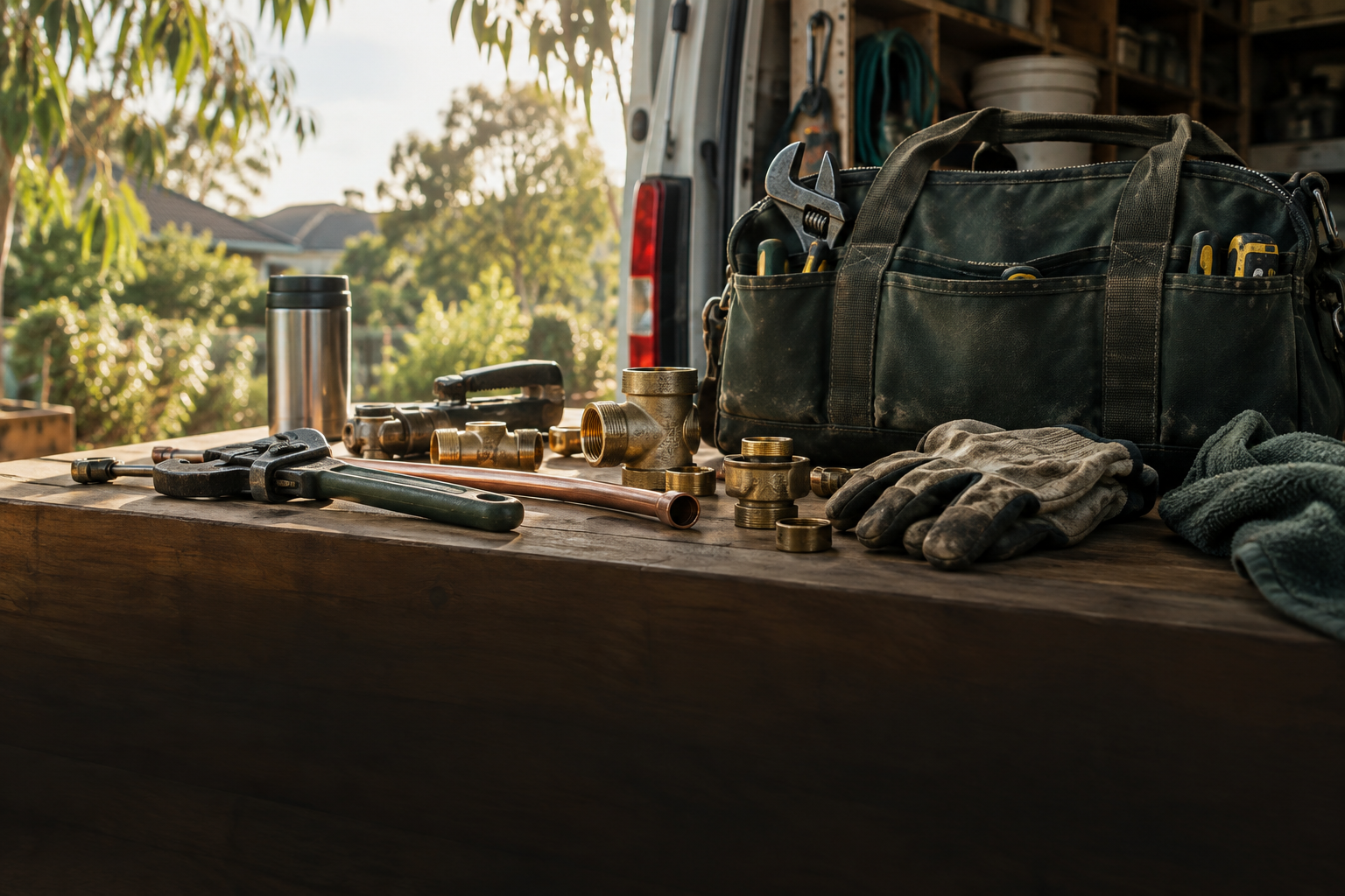 Plumbing tools and work gloves on a timber bench beside a trade van